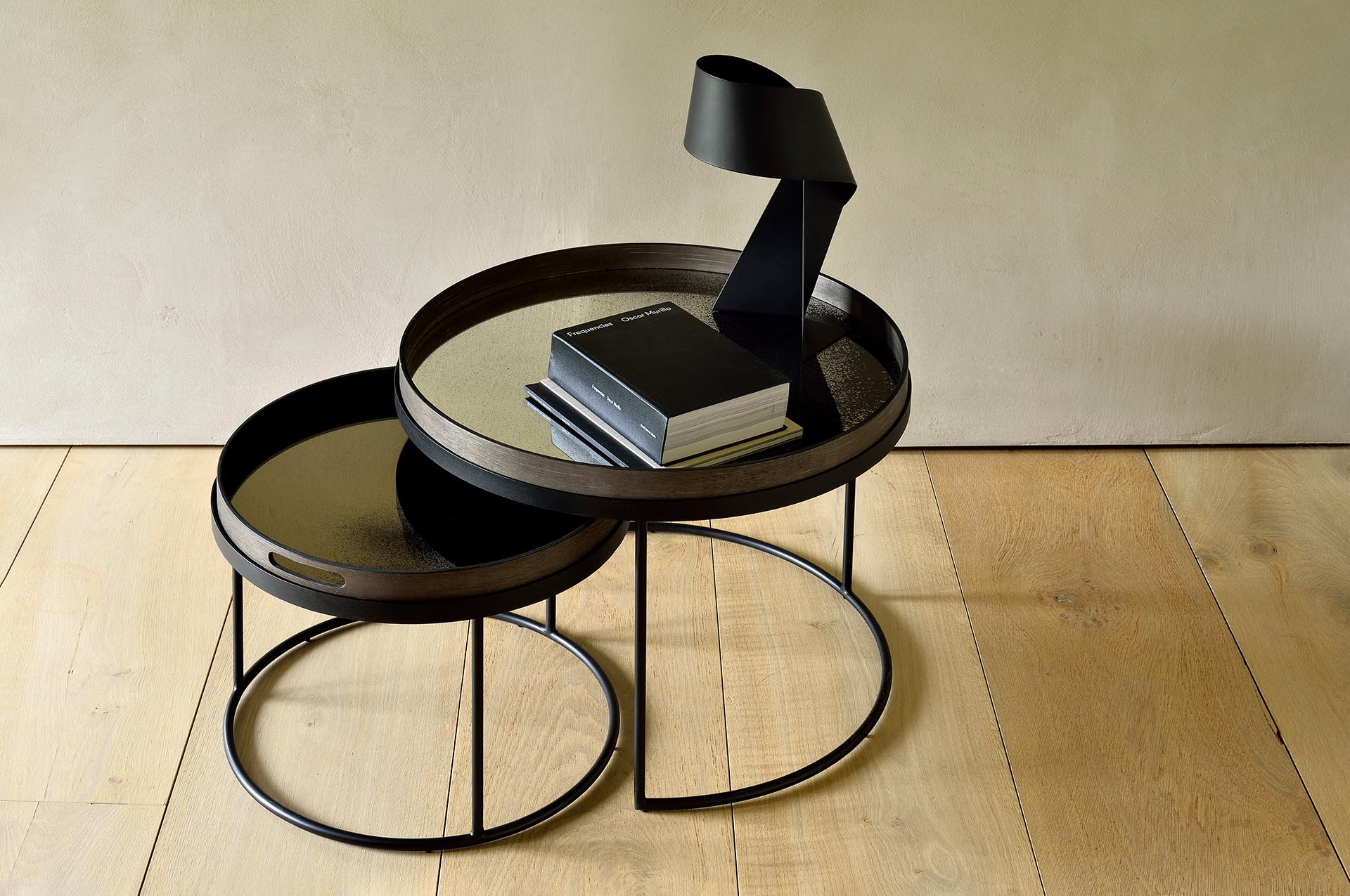 Round tray coffee table set styled in a living room
