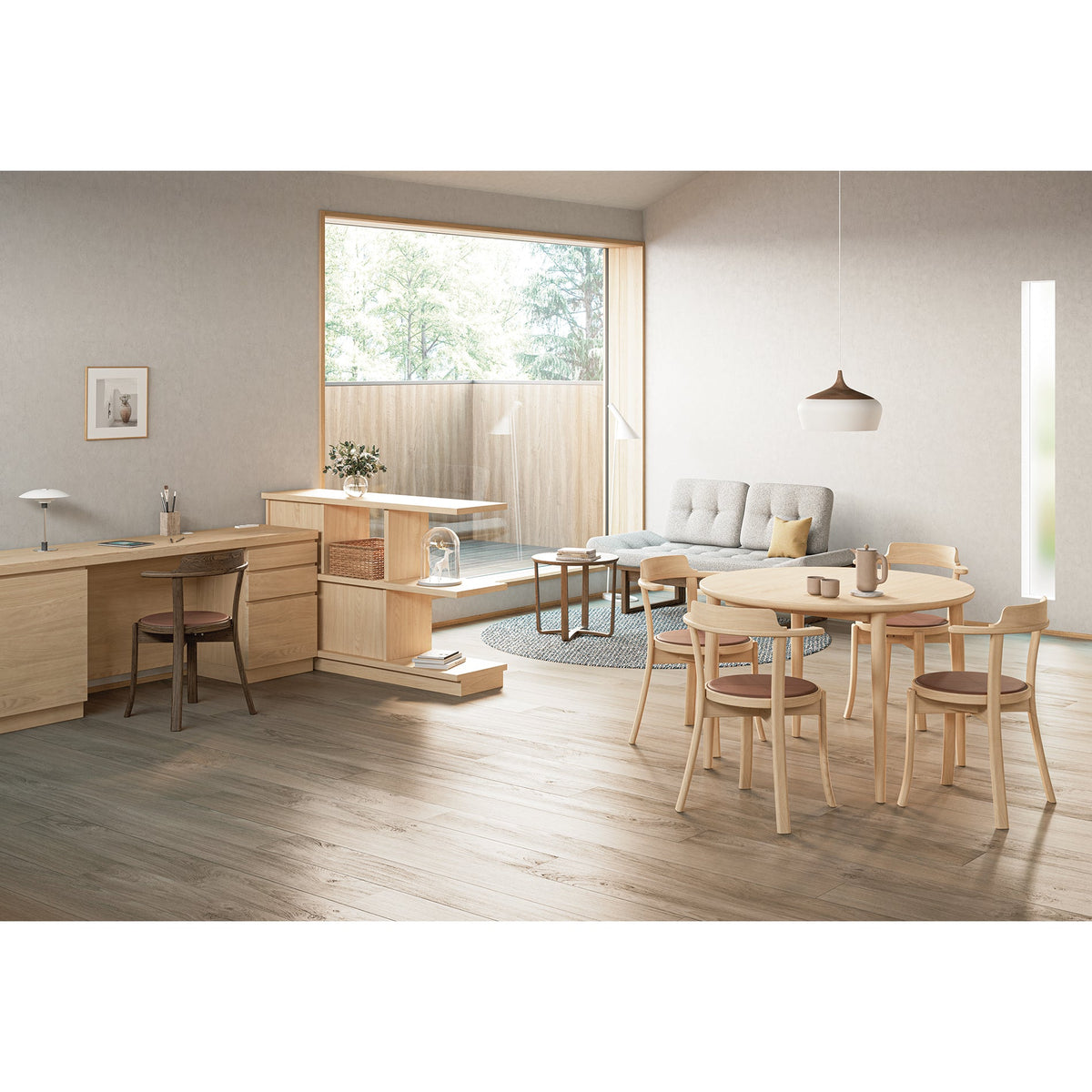 A Japanese-style dining room with an oak table, chairs and a low sideboard by a window