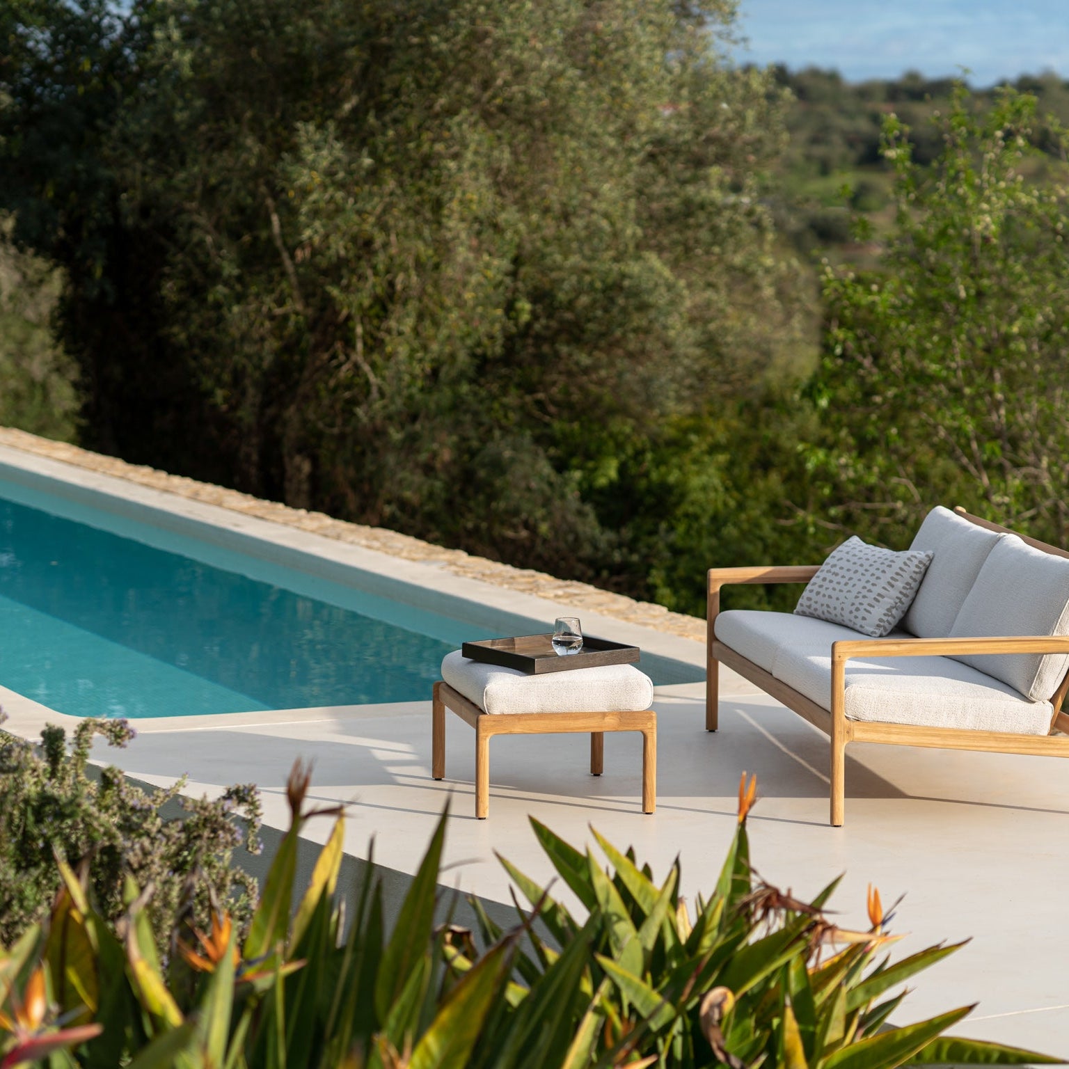 Ethnicraft Jack Outdoor Footstool with FSC-certified solid wood frame, Belgian design