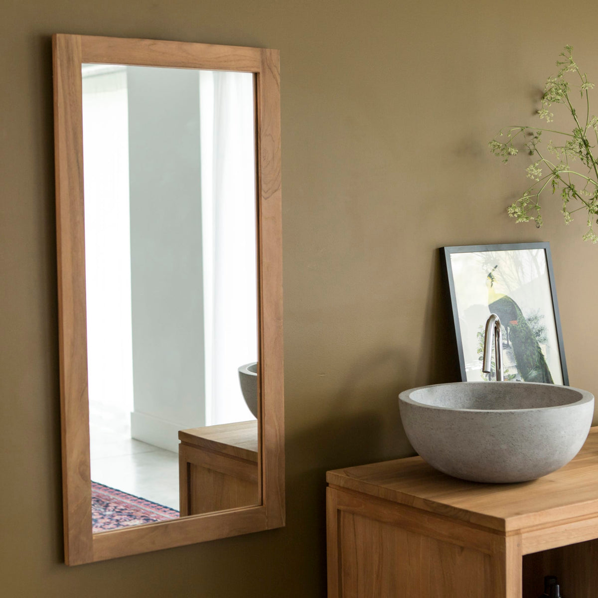 Bahya solid teak mirror, front view on a white wall