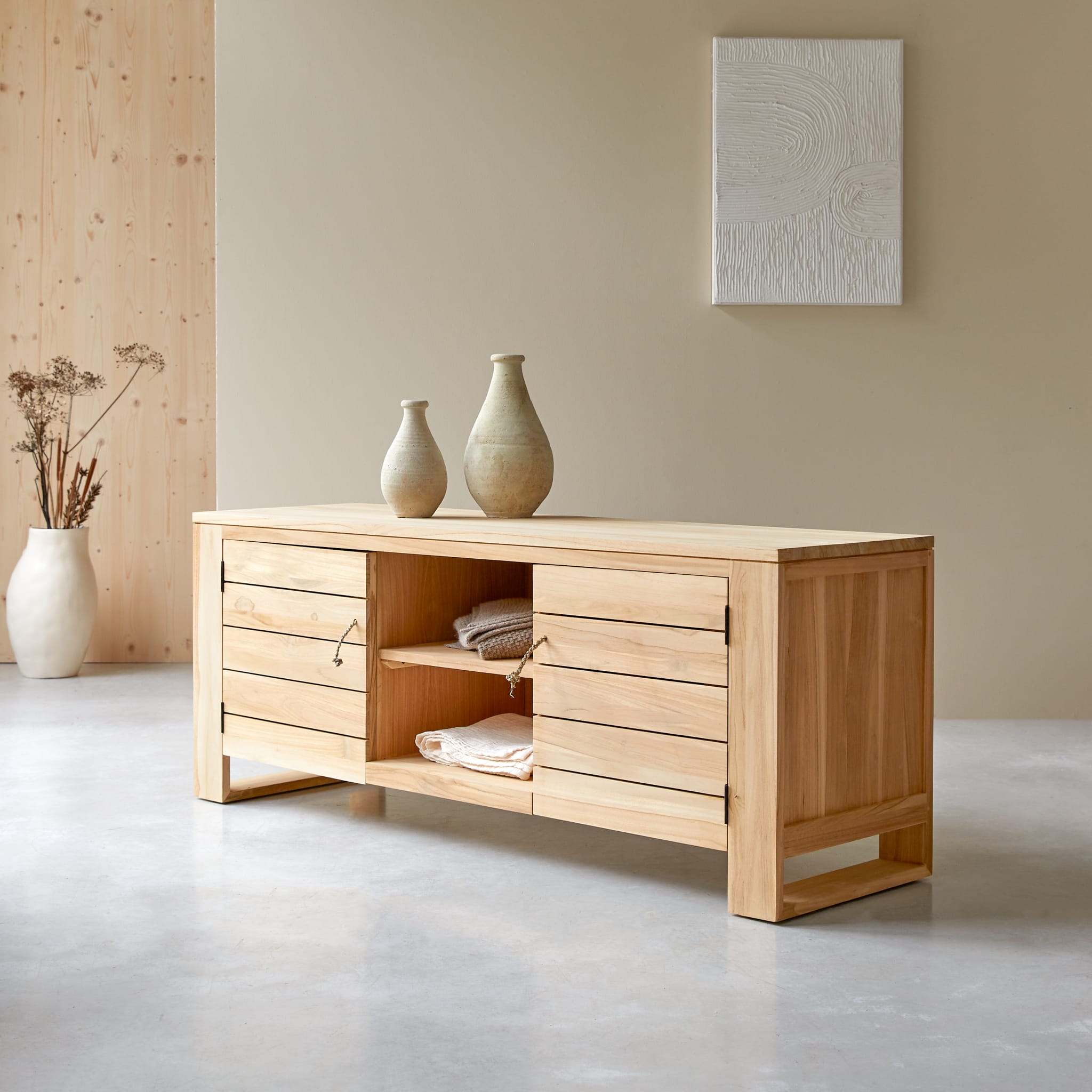 Tikamoon Minimalys TV stand in solid teak, angled view