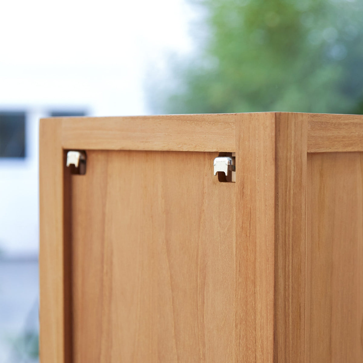 Serena teak bathroom cabinet, open cupboard door view