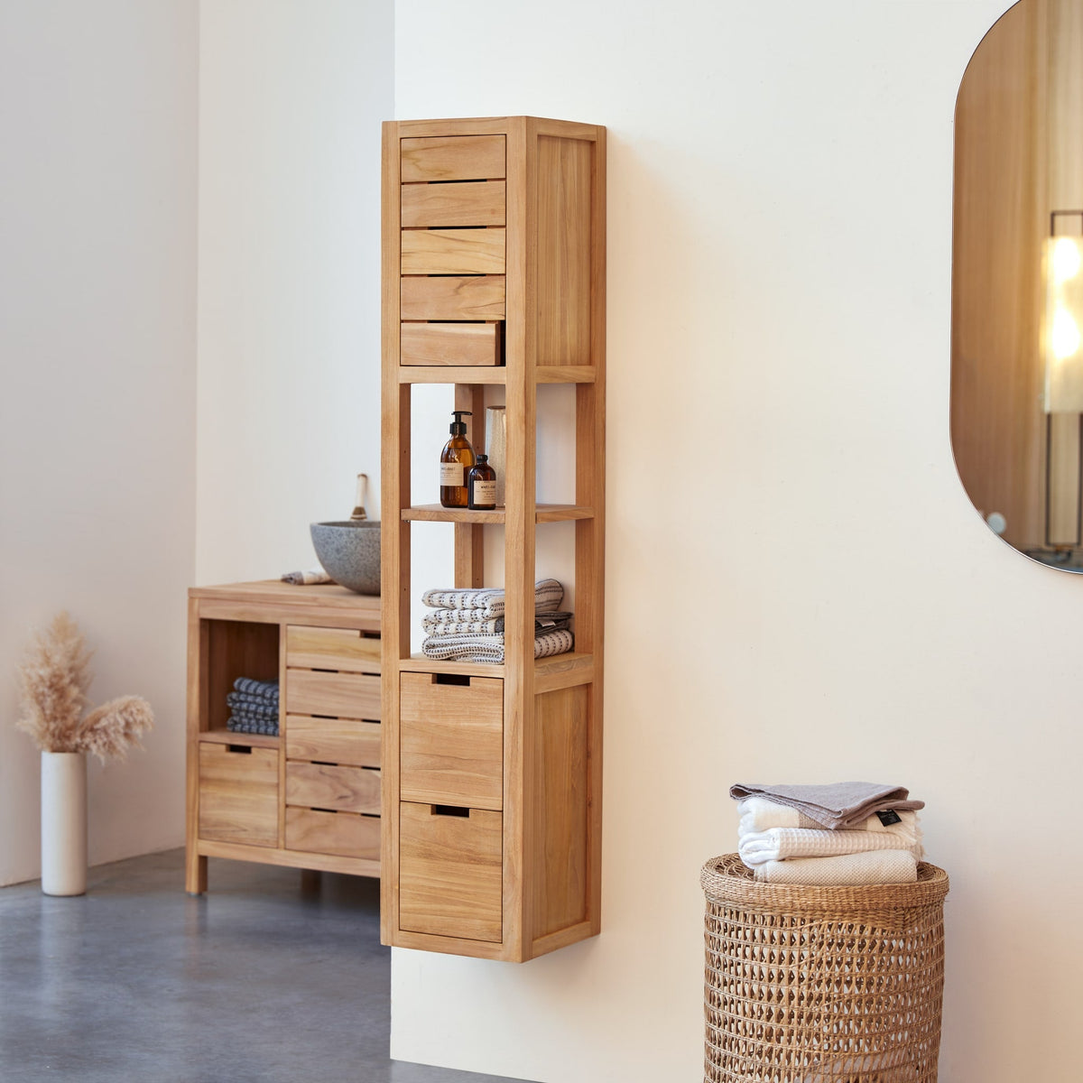 Serena wall-mounted teak bathroom cabinet, front view