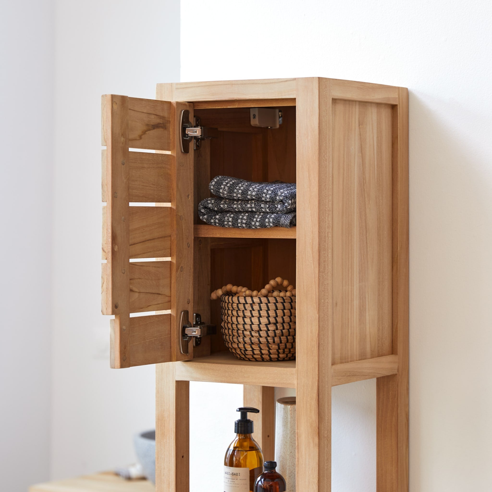 Serena teak bathroom cabinet, angled view