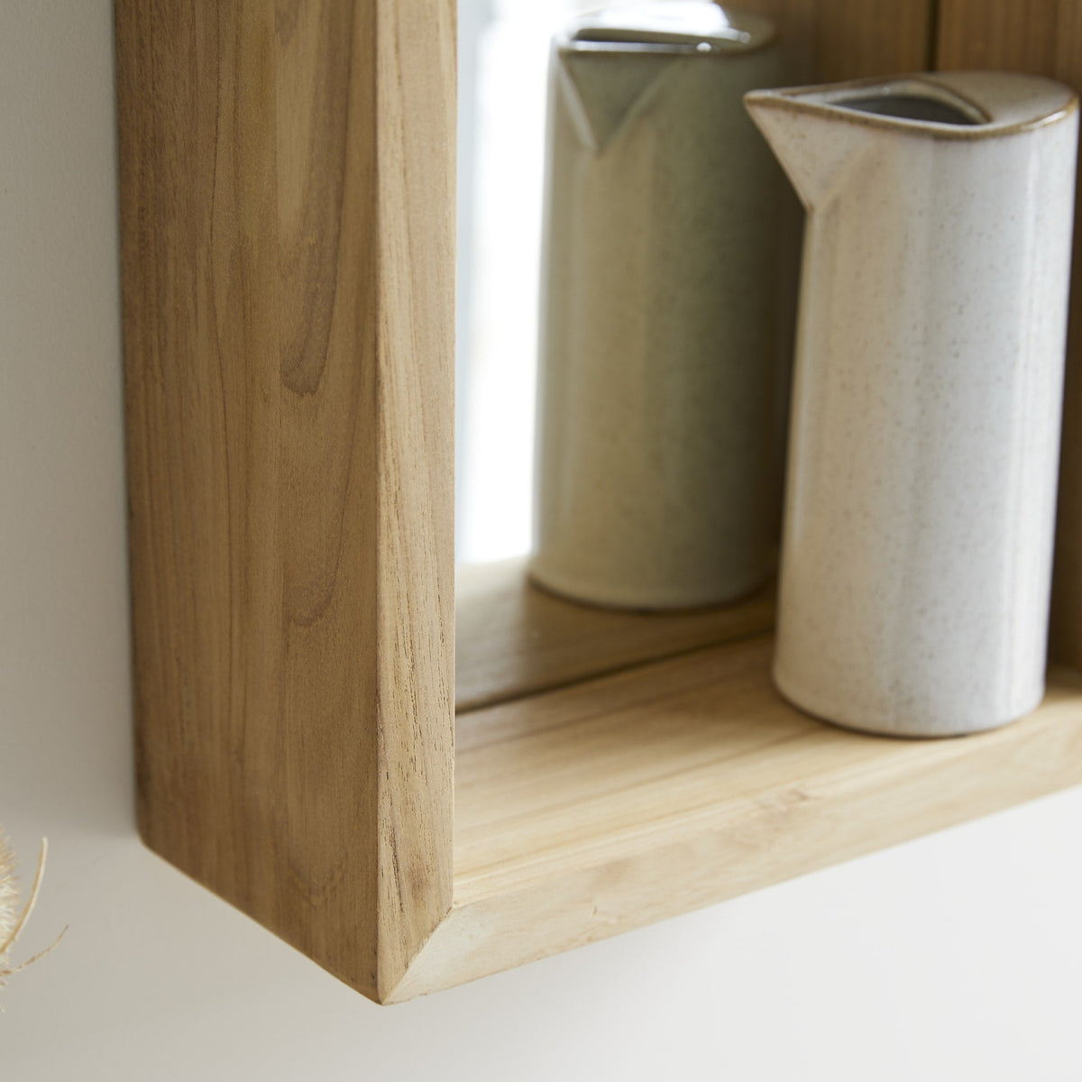 Tikamoon Stelle bathroom mirror in solid teak, close-up of the recessed ledge
