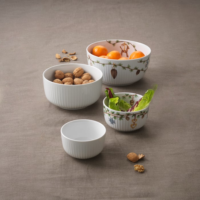 Kähler Hammershøi Bowls by Hans-Christian Bauer, styled on a dining table, B Corp certified Danish ceramic since 1839.