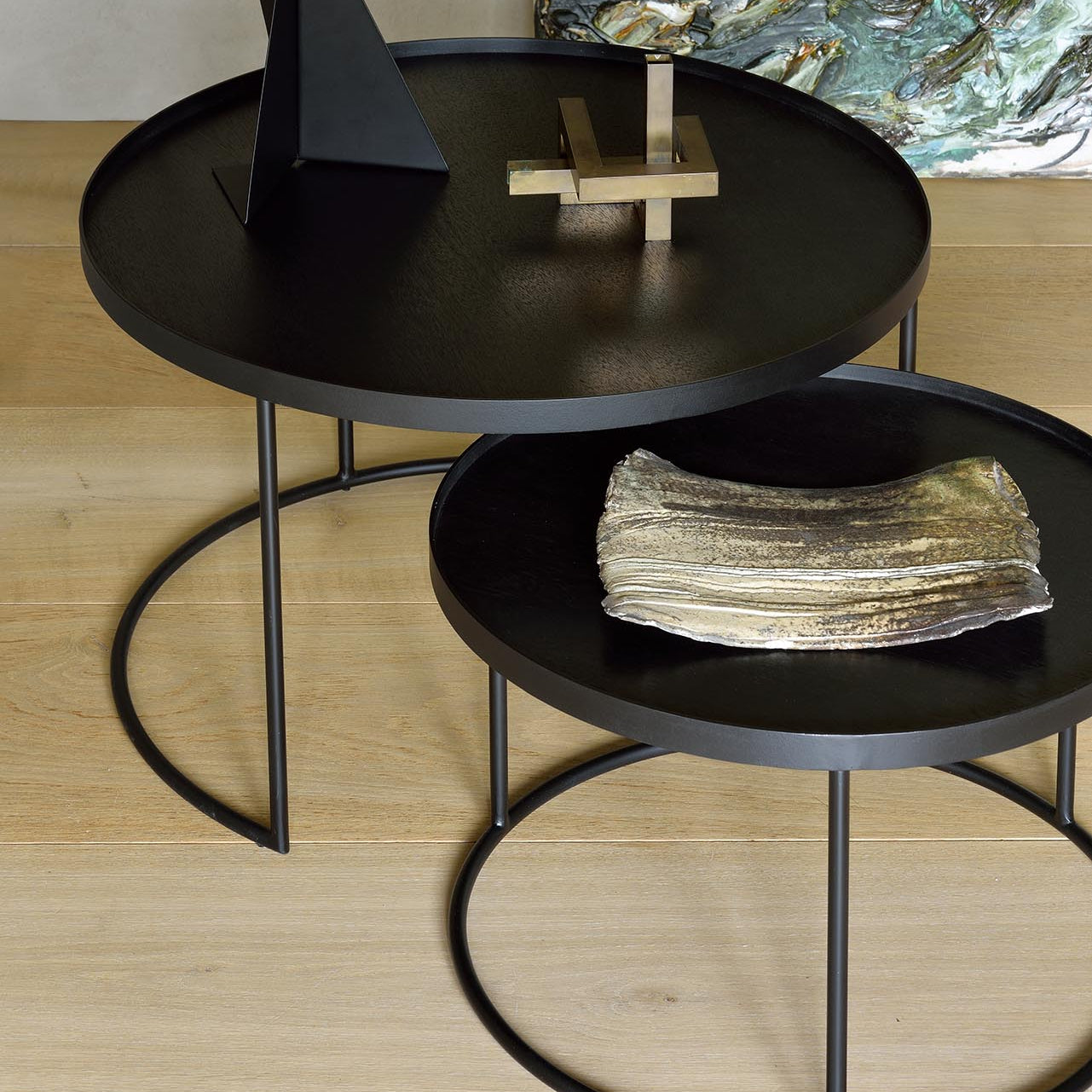 Ethnicraft Tray Round Coffee Table Set, FSC-certified solid wood furniture by Belgian brand