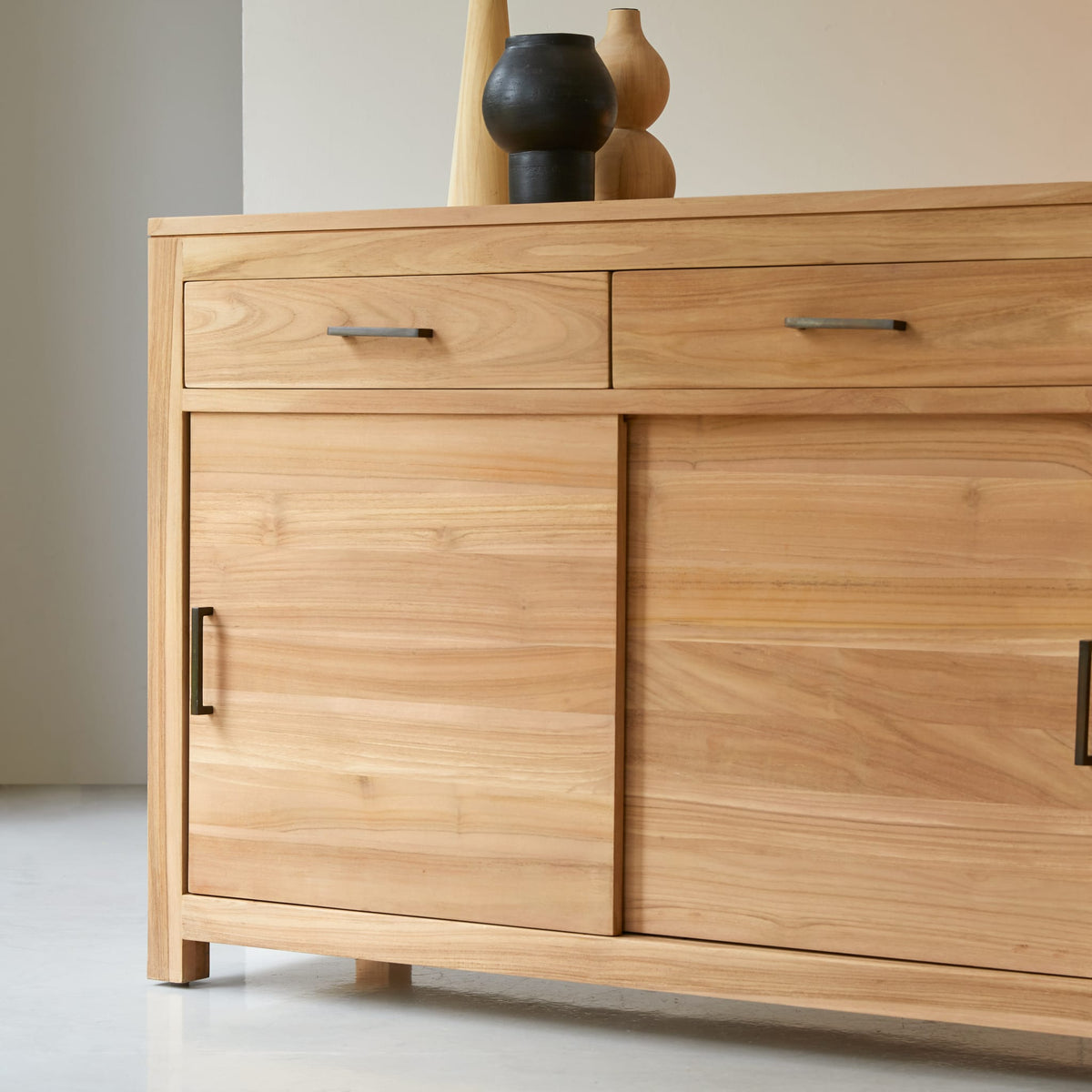 Tikamoon Maë sideboard in solid teak, detail of a drawer front