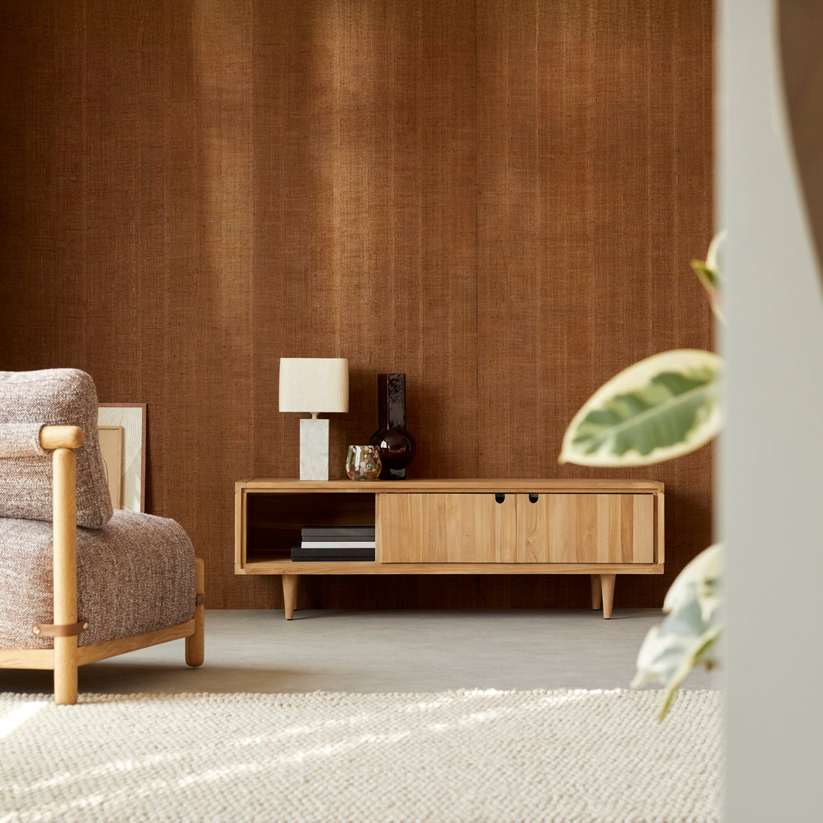 Tikamoon Jonak TV stand in solid teak, angled view
