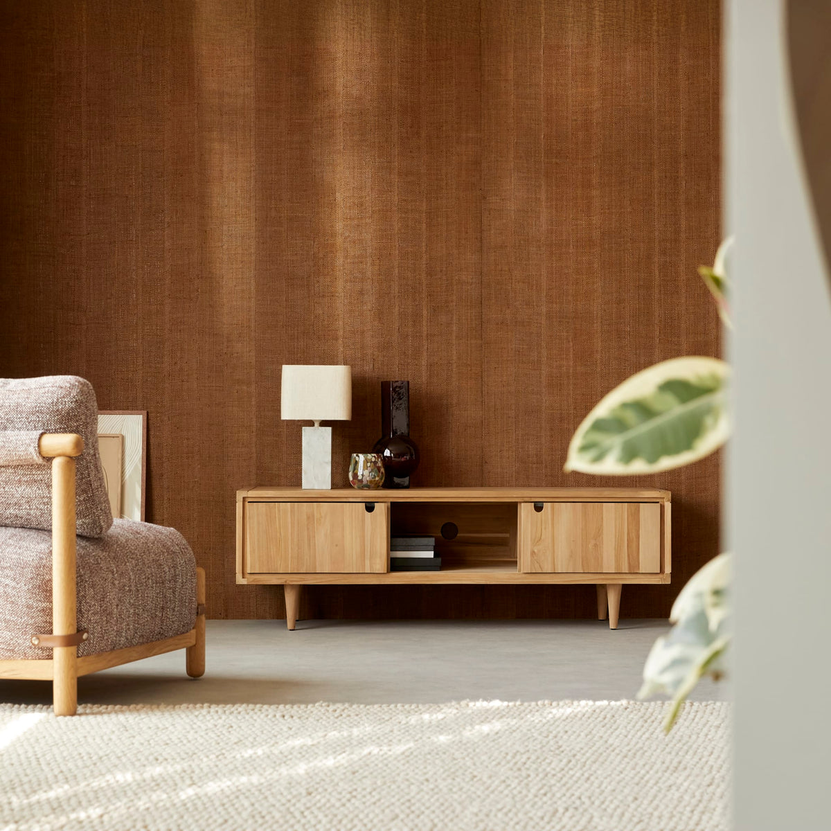 Tikamoon Jonak teak TV stand, rear view