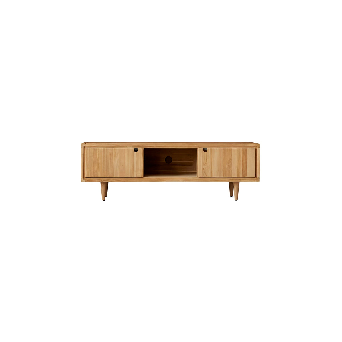 Tikamoon Jonak teak TV stand styled in a living room beside a sofa