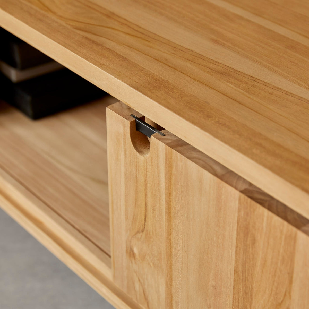 Tikamoon Jonak teak TV stand, side view