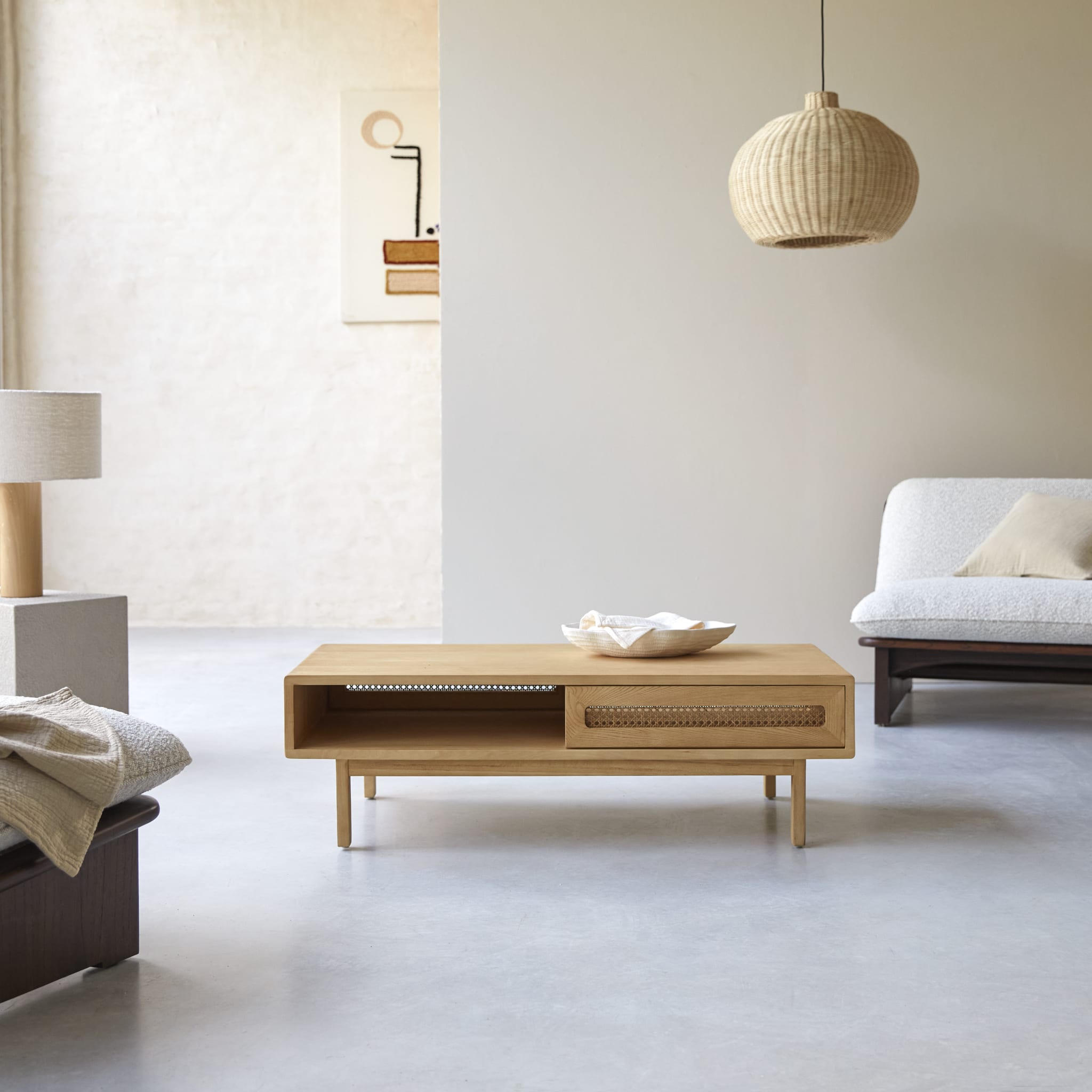 Tikamoon Luis coffee table in solid elm with canework detailing