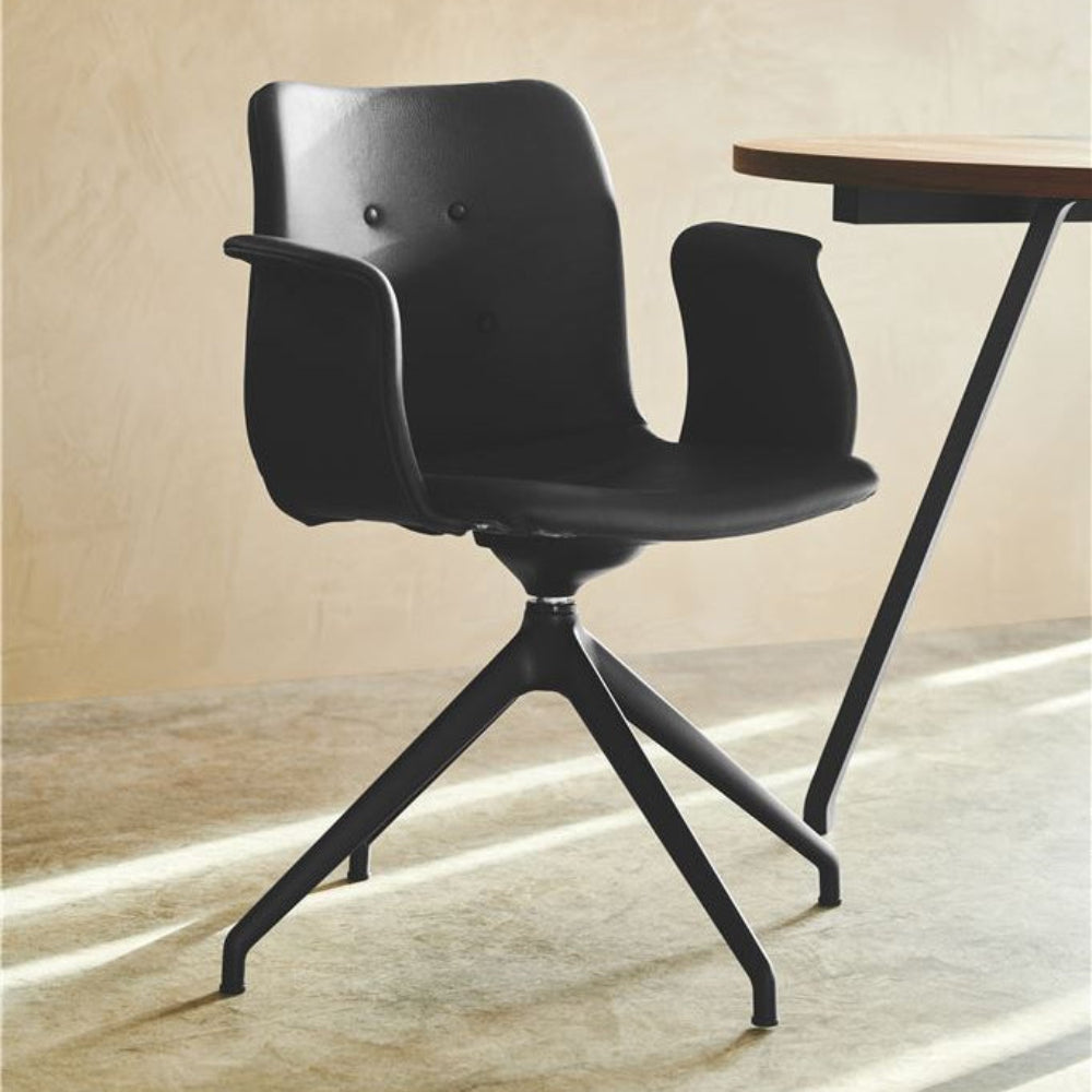 Primum Swivel Dining Chair with Arms - Black Leather, Black Steel Base