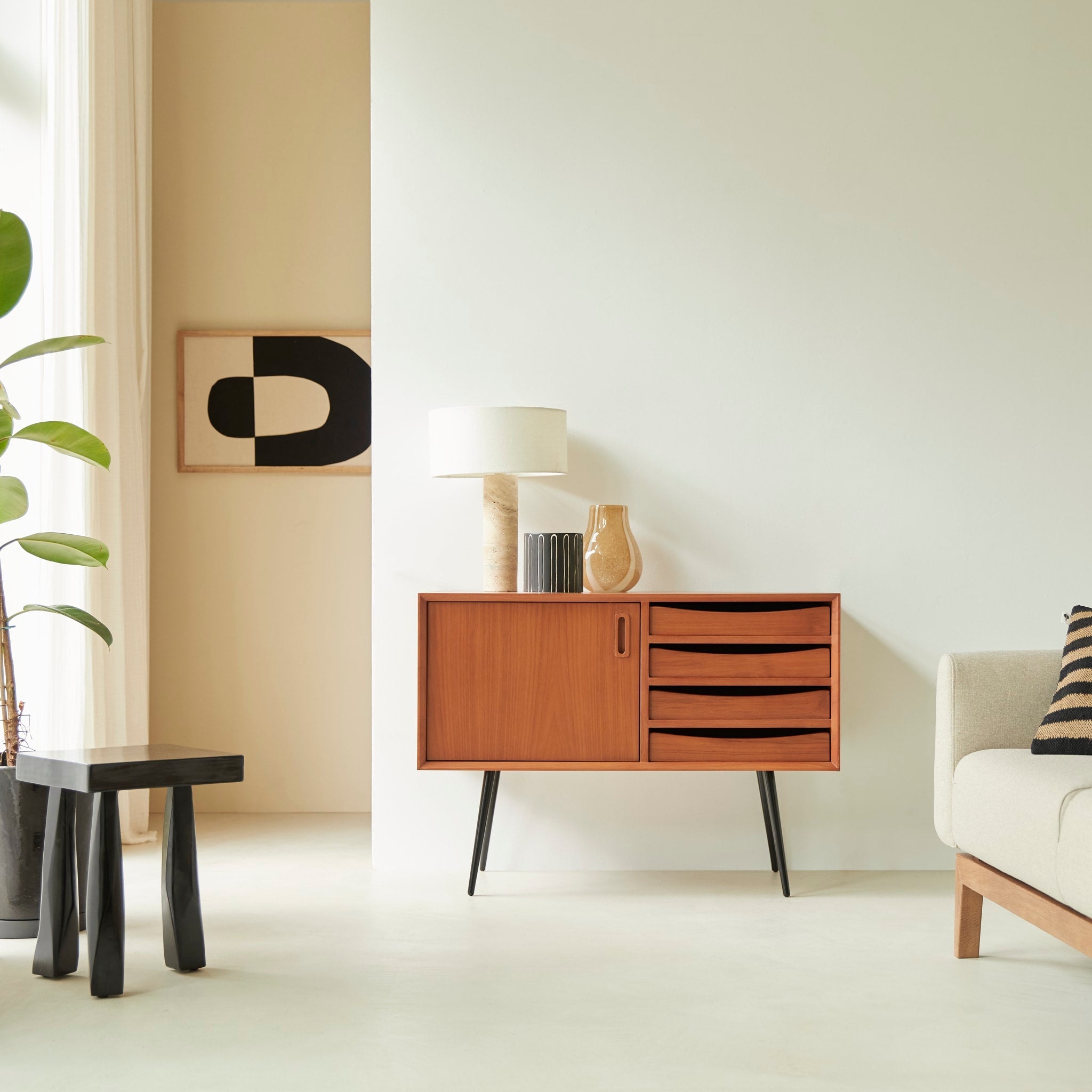 Simen mahogany sideboard with cabinet door and four drawers, front view