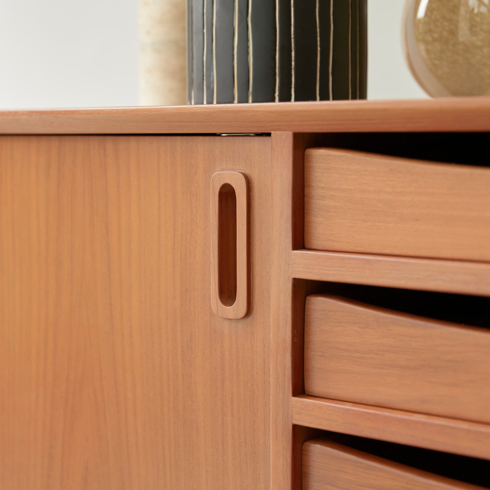 Simen mahogany sideboard, drawer pulled open showing storage space