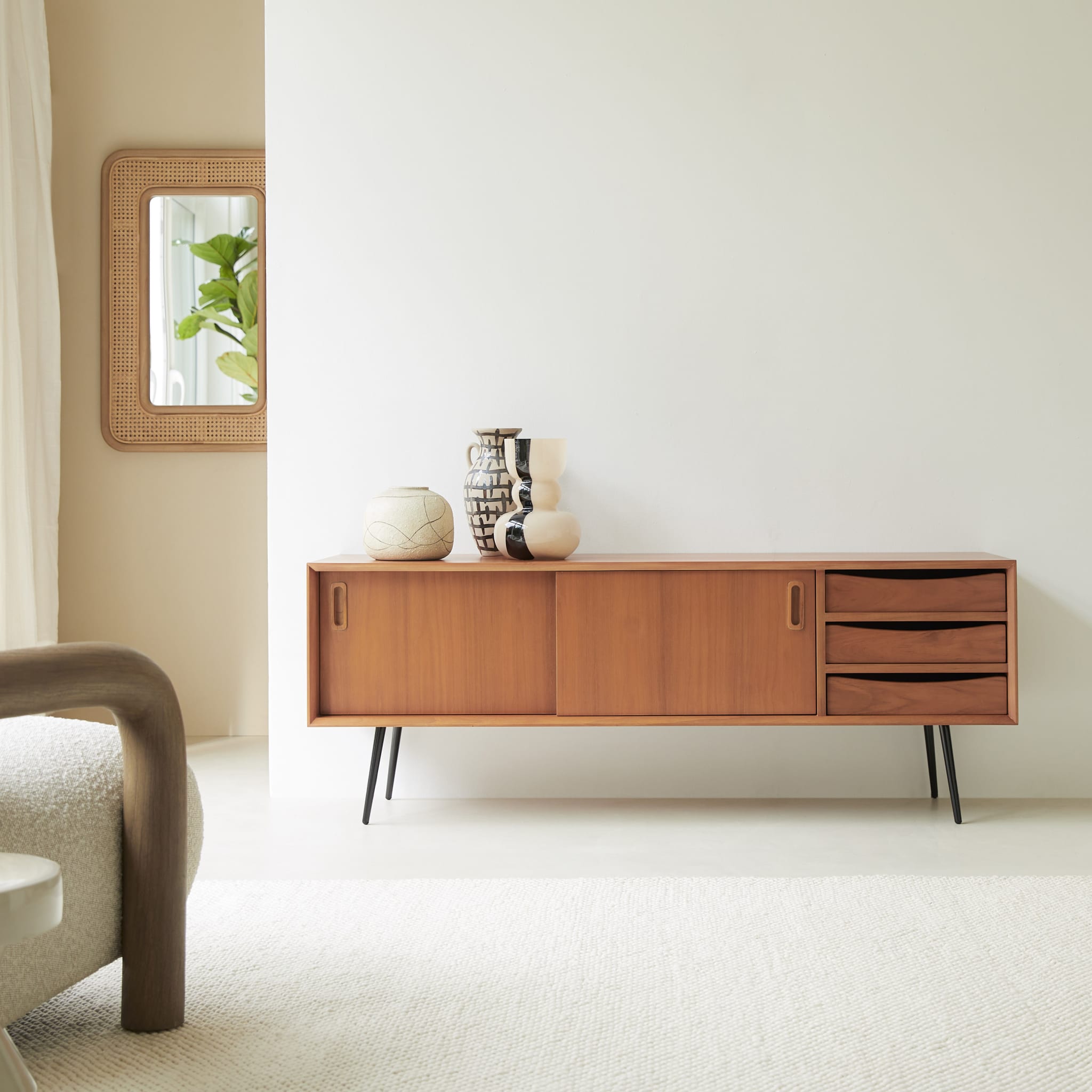 Simen mahogany TV stand with three drawers and two sliding doors, front view