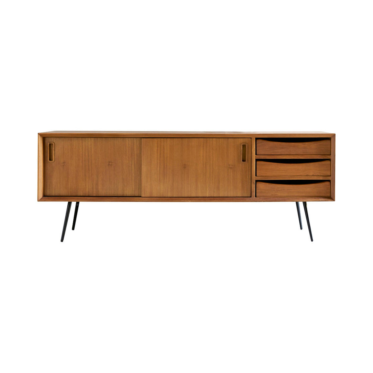 Simen mahogany TV stand styled in a living room with media equipment