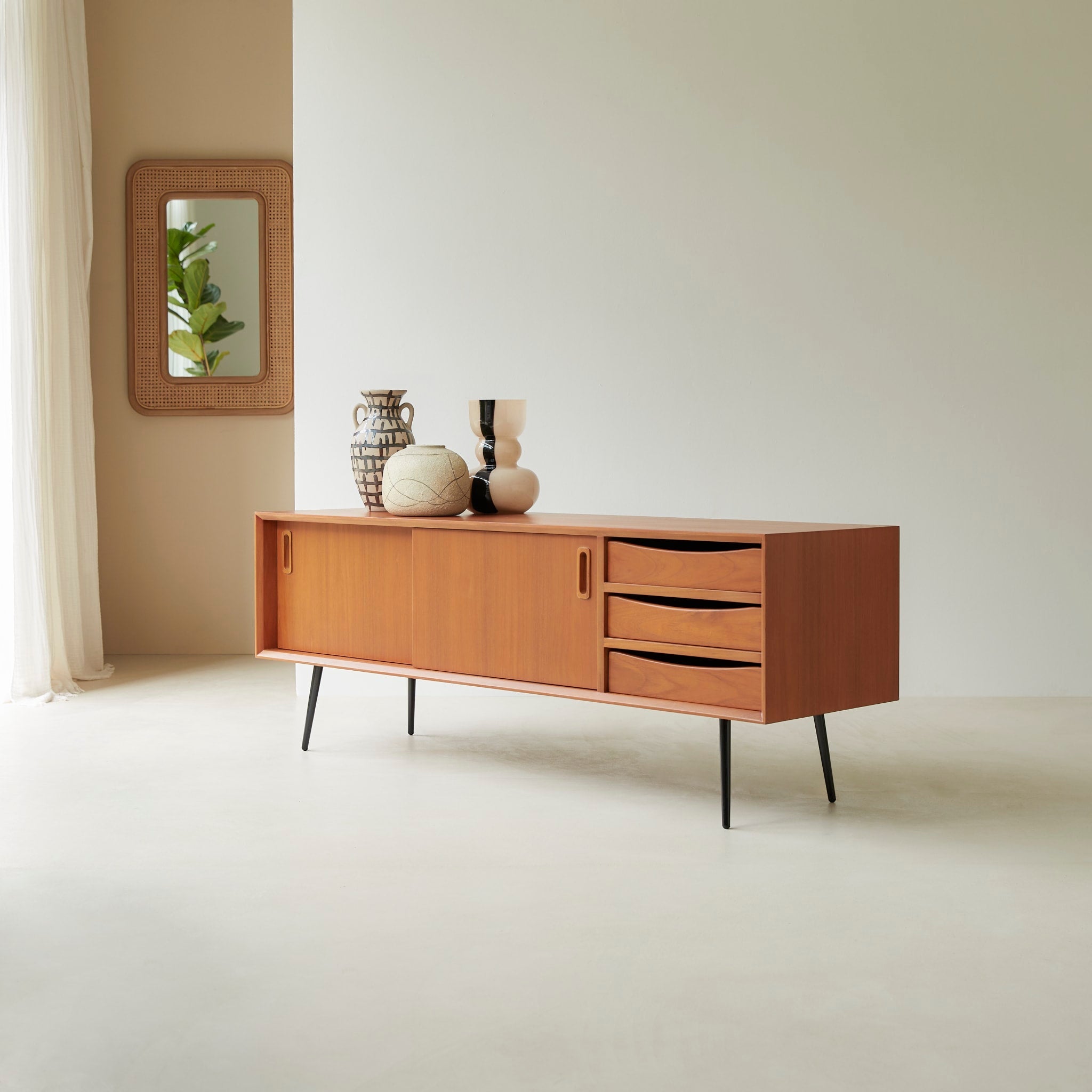 Simen mahogany TV stand, sliding door open showing interior shelf