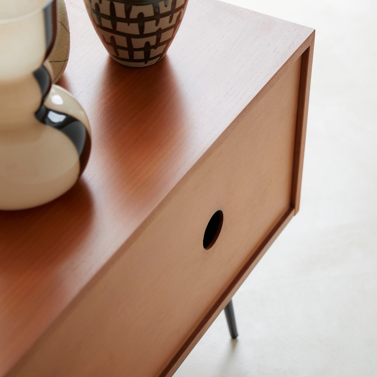 Simen mahogany TV stand, drawer pulled open showing storage space