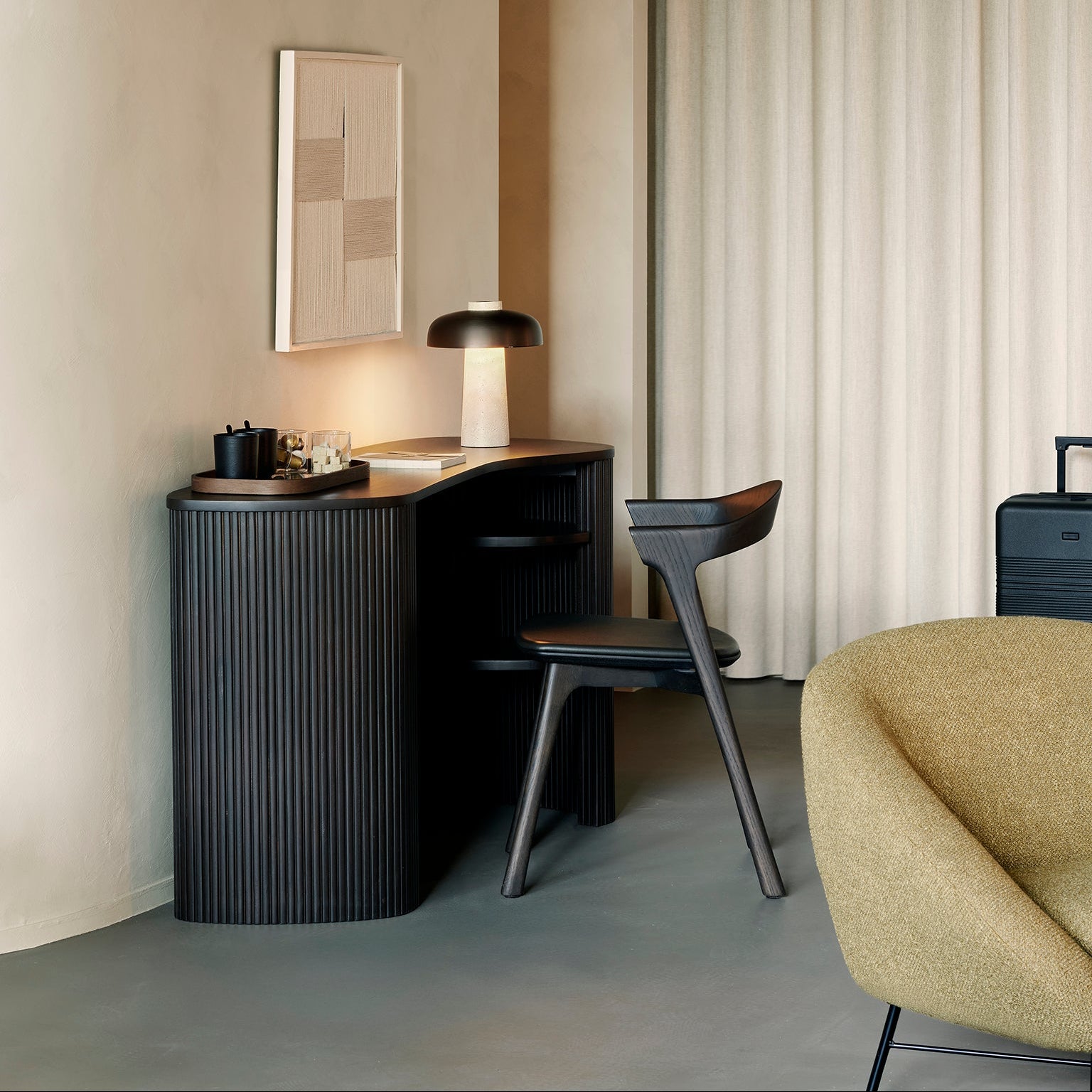 Ethnicraft Roller Max Desk styled in a dining room