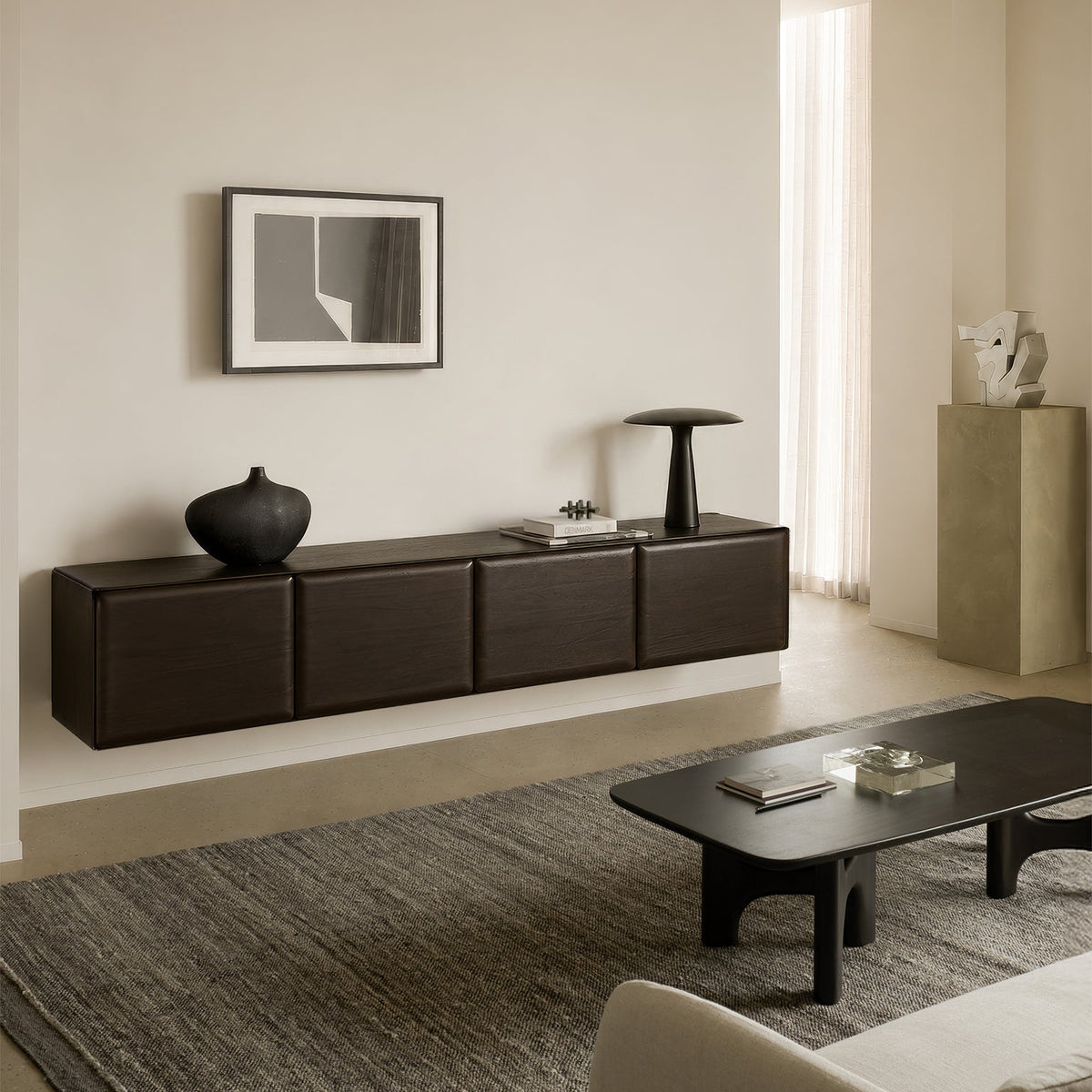 Ethnicraft PI Light Hanging Sideboard in Rose Brown with Flow coffee table, styled in a living room, mahogany