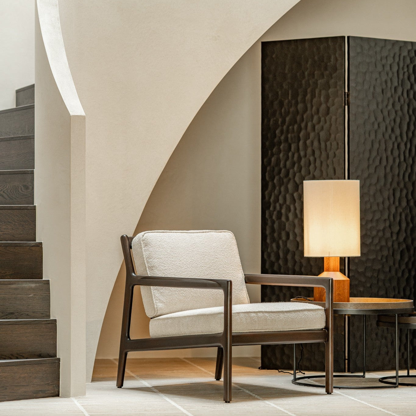 Ethnicraft Chopped Room Divider in mahogany styled in an interior setting