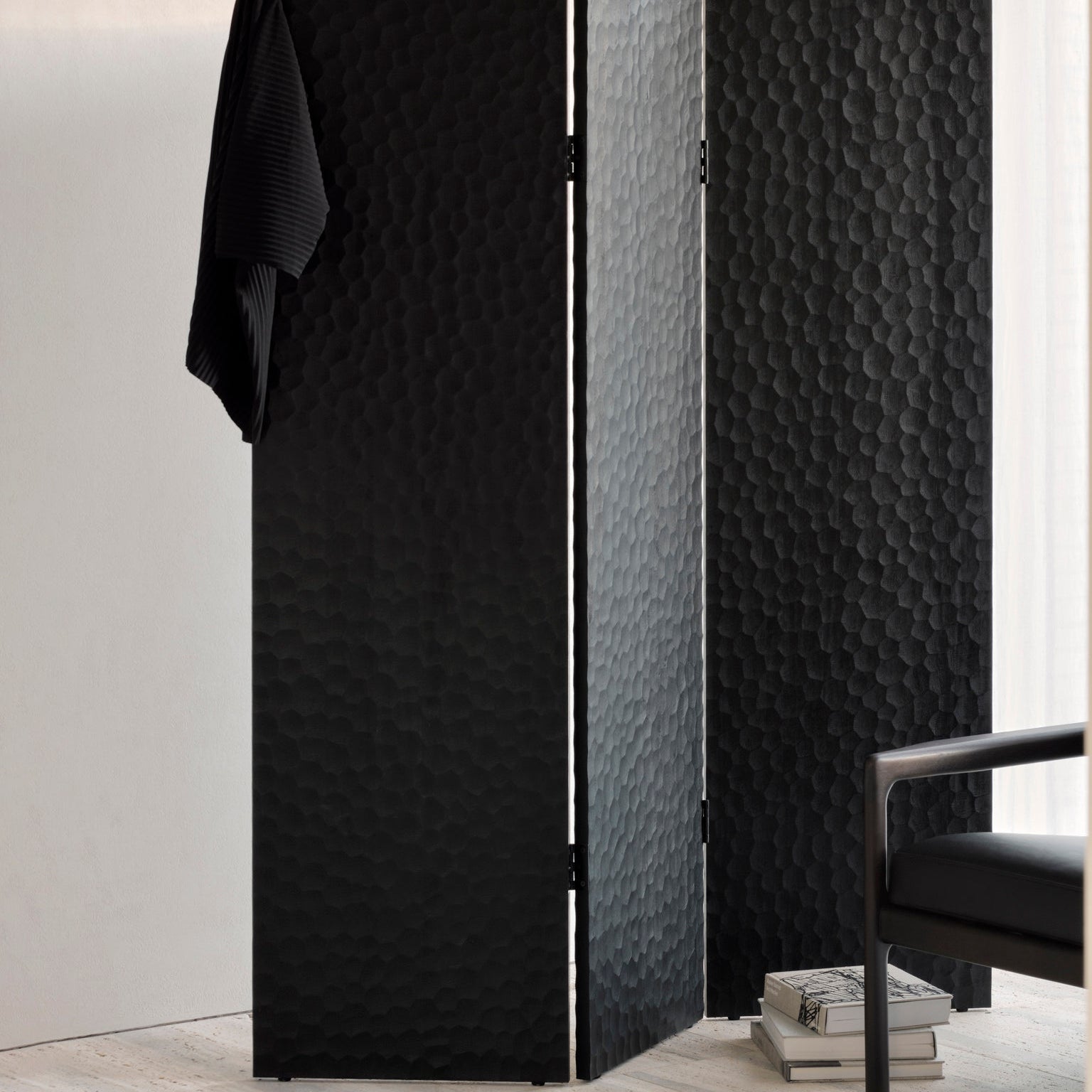 Ethnicraft Chopped Room Divider in mahogany styled in an interior setting