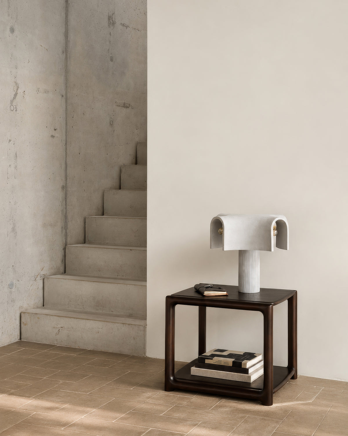 Ethnicraft Eda Side Table in Rose Brown, styled in a living room, solid mahogany