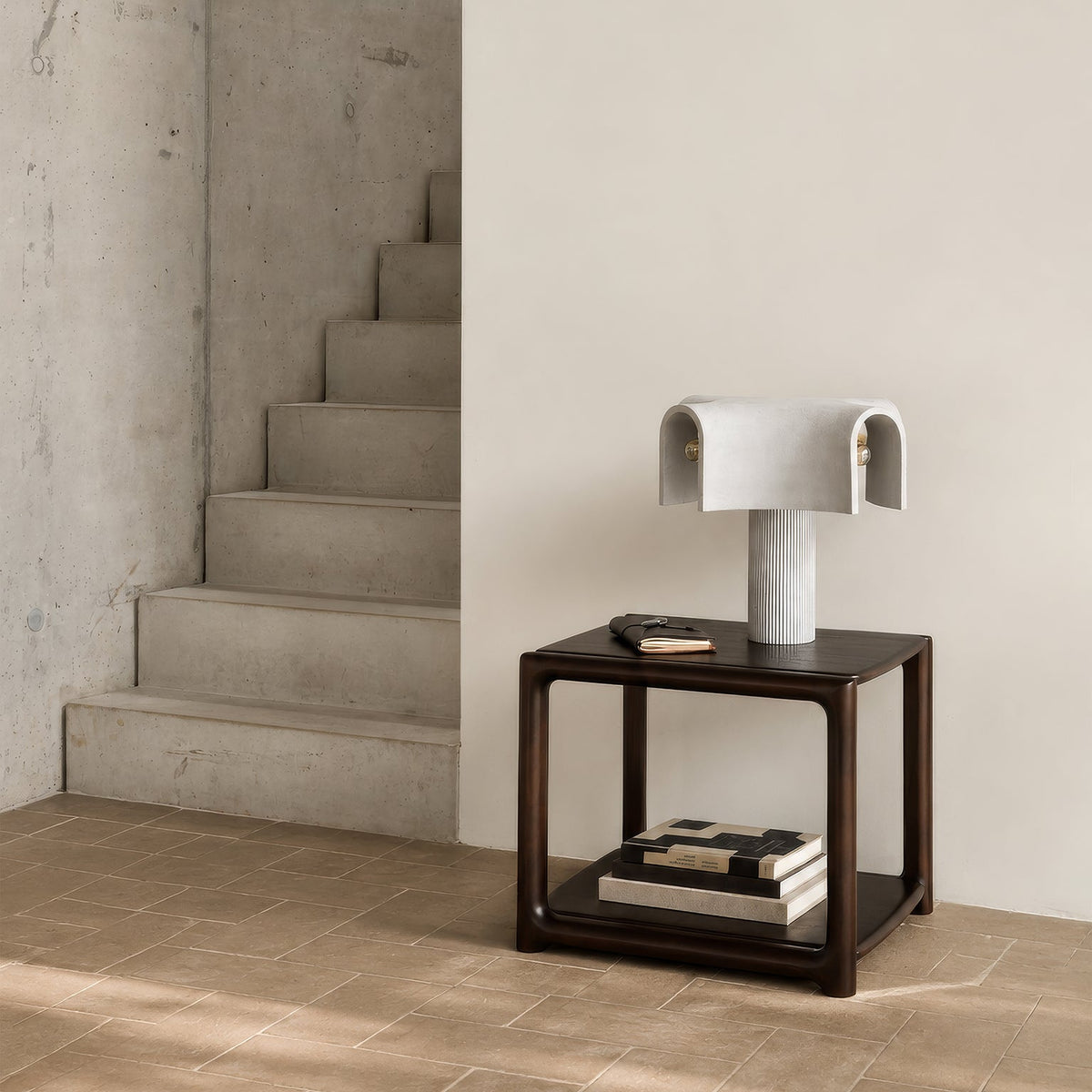 Ethnicraft Eda Side Table in Rose Brown, styled in a living room, solid mahogany