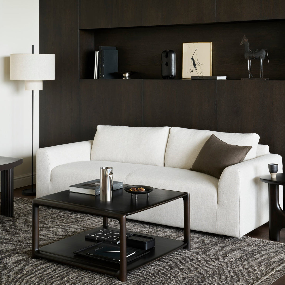 Ethnicraft Ease Sofa in Leche with Eda tables, styled in a living room, woven upholstery