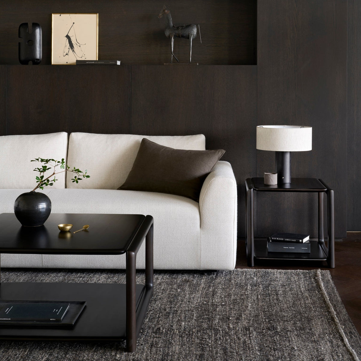 Ethnicraft Ease Sofa in Leche, styled in a living room with Eda coffee table, woven upholstery