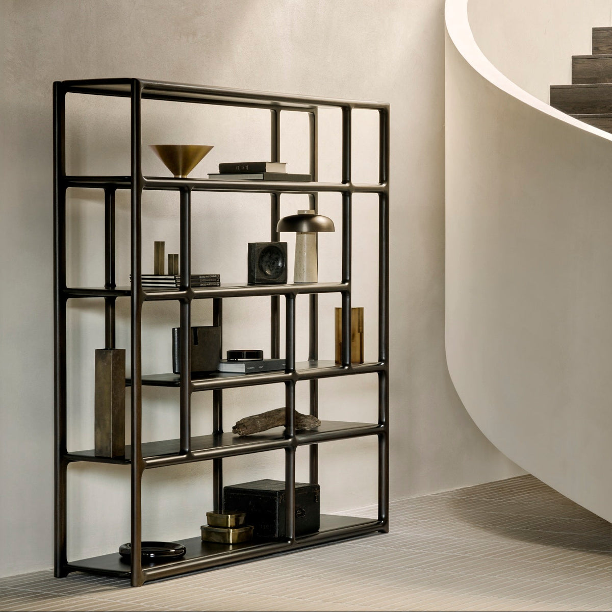 Ethnicraft Eda Rack tall in Rose Brown, styled in an interior setting, solid mahogany