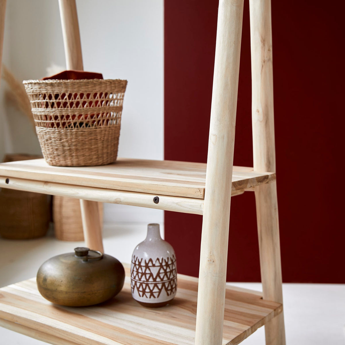Tikamoon Kilim bathroom shelving in solid teak, angled view