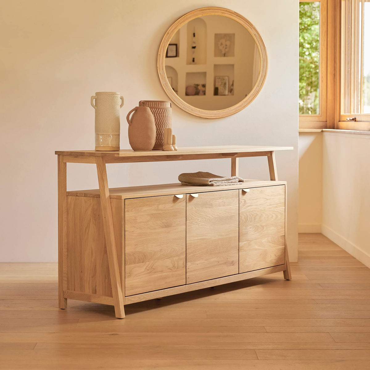 Tikamoon Pola oak sideboard, rear view