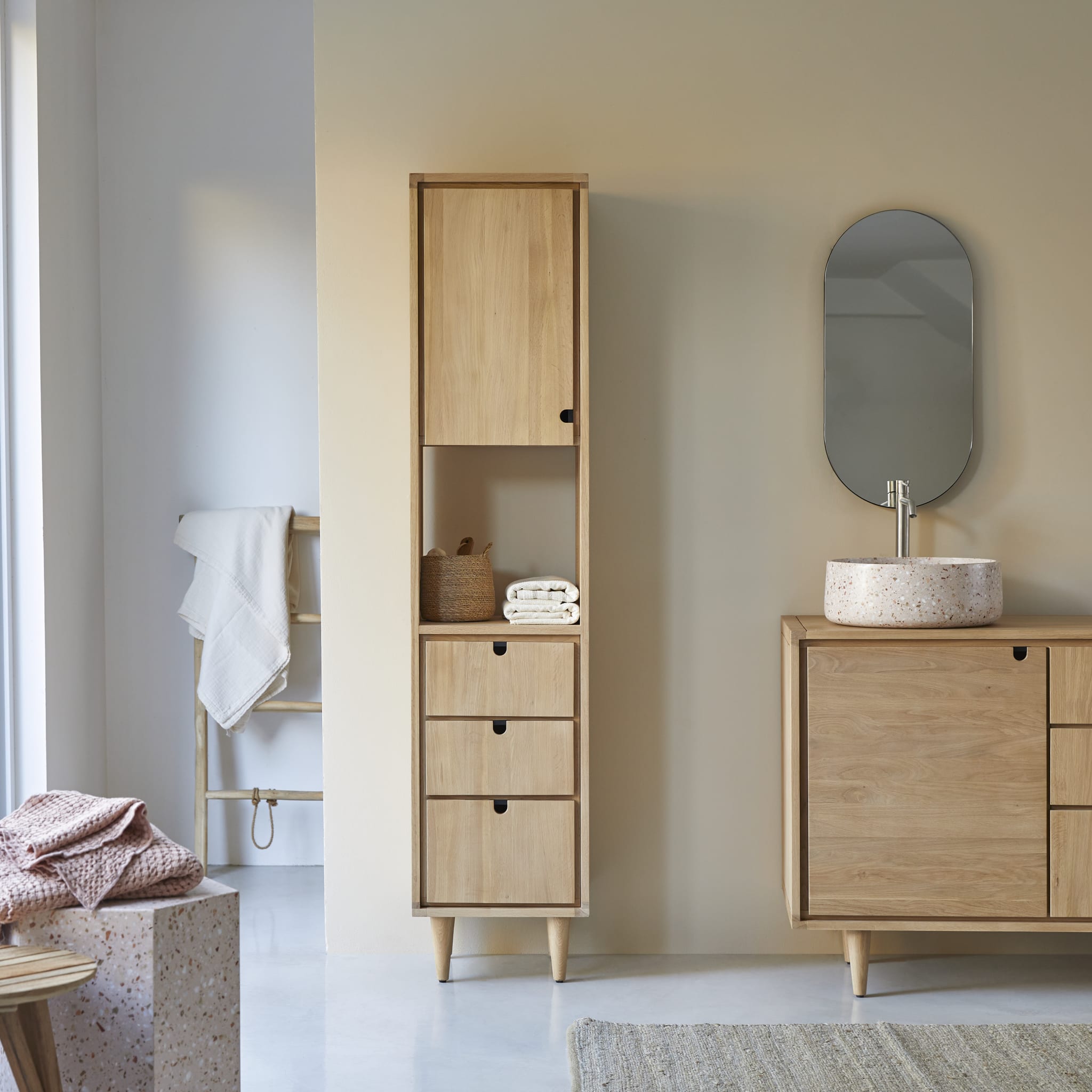 Tikamoon Jonàk tall bathroom cabinet in solid oak