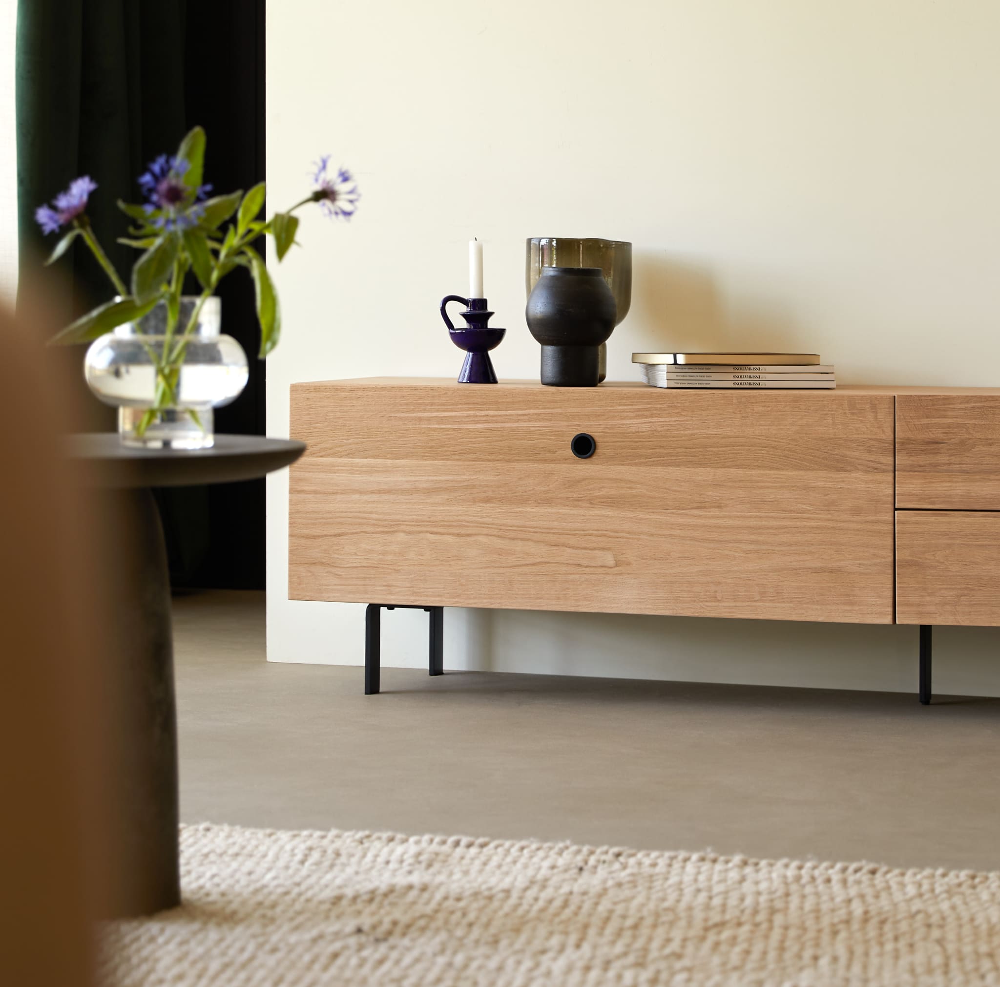 Tikamoon Jeanne TV stand in solid oak, opposite side view