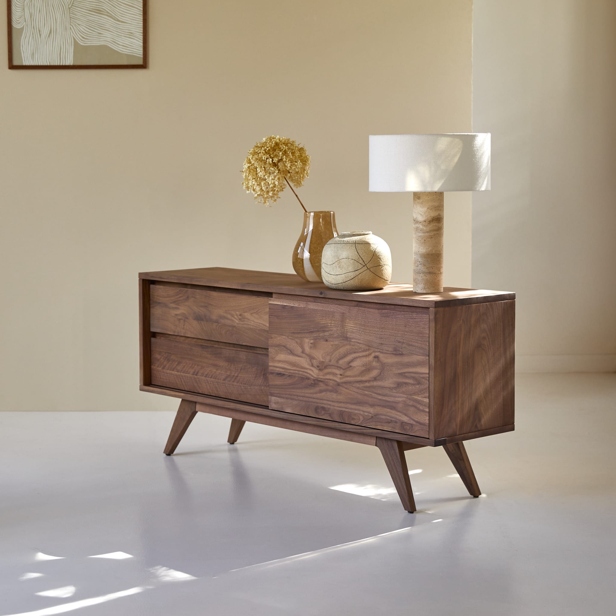 Tikamoon Esmée TV stand in solid walnut, angled view