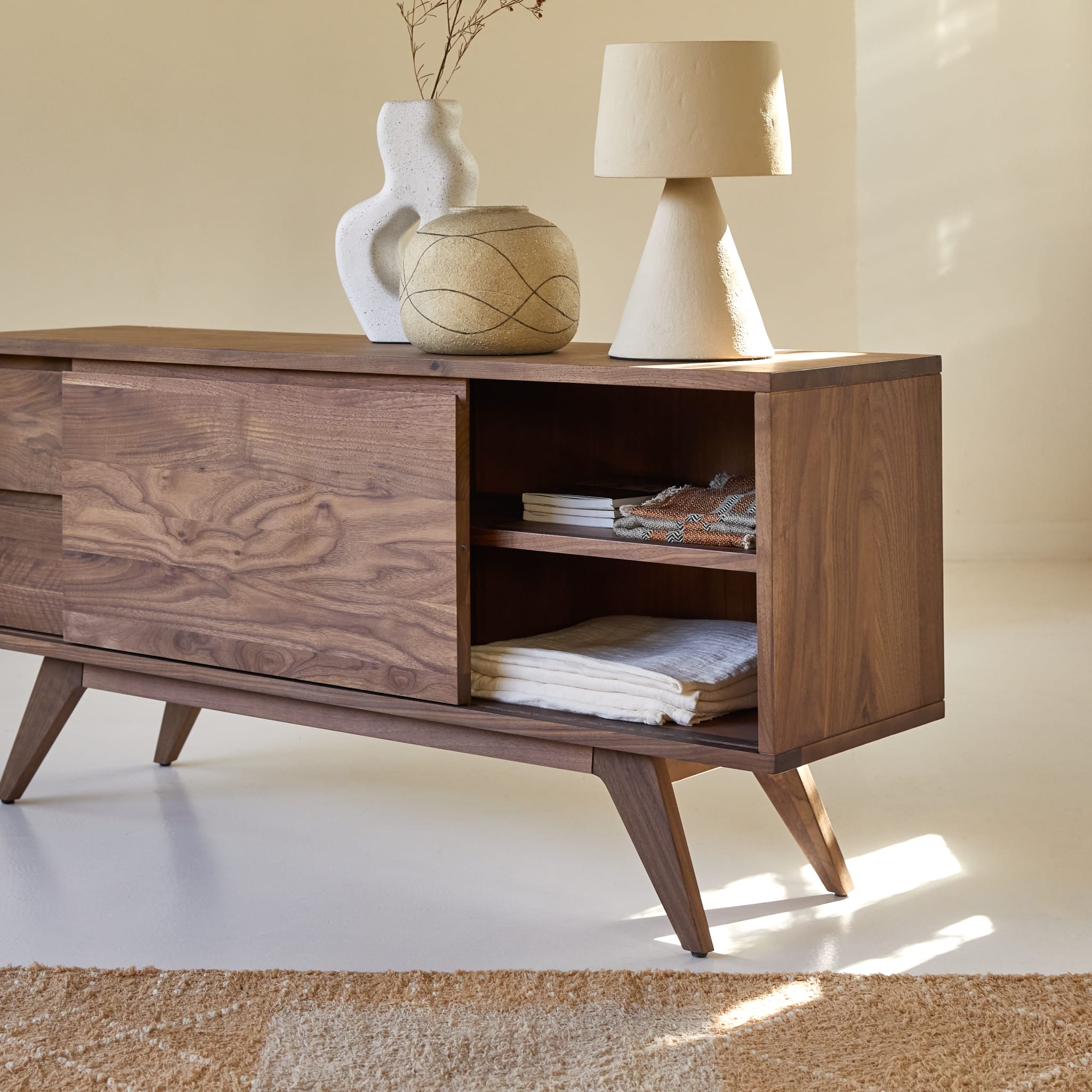 Tikamoon Esmée TV stand in solid walnut, side view