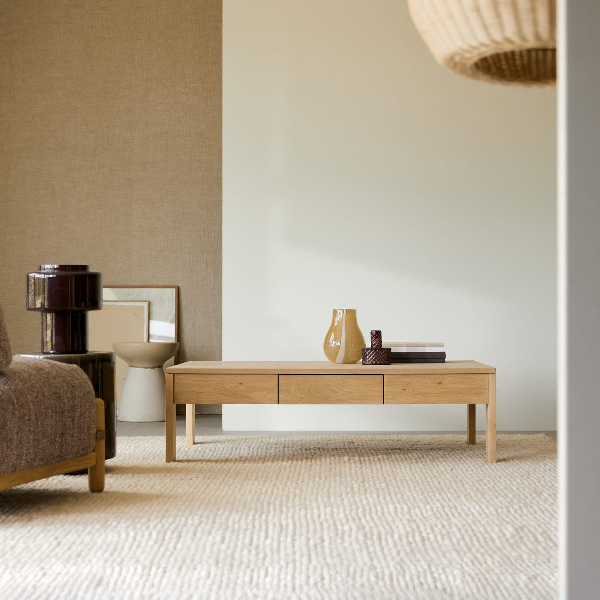 Tikamoon Eden oak coffee table, side profile at 13.8 inches high