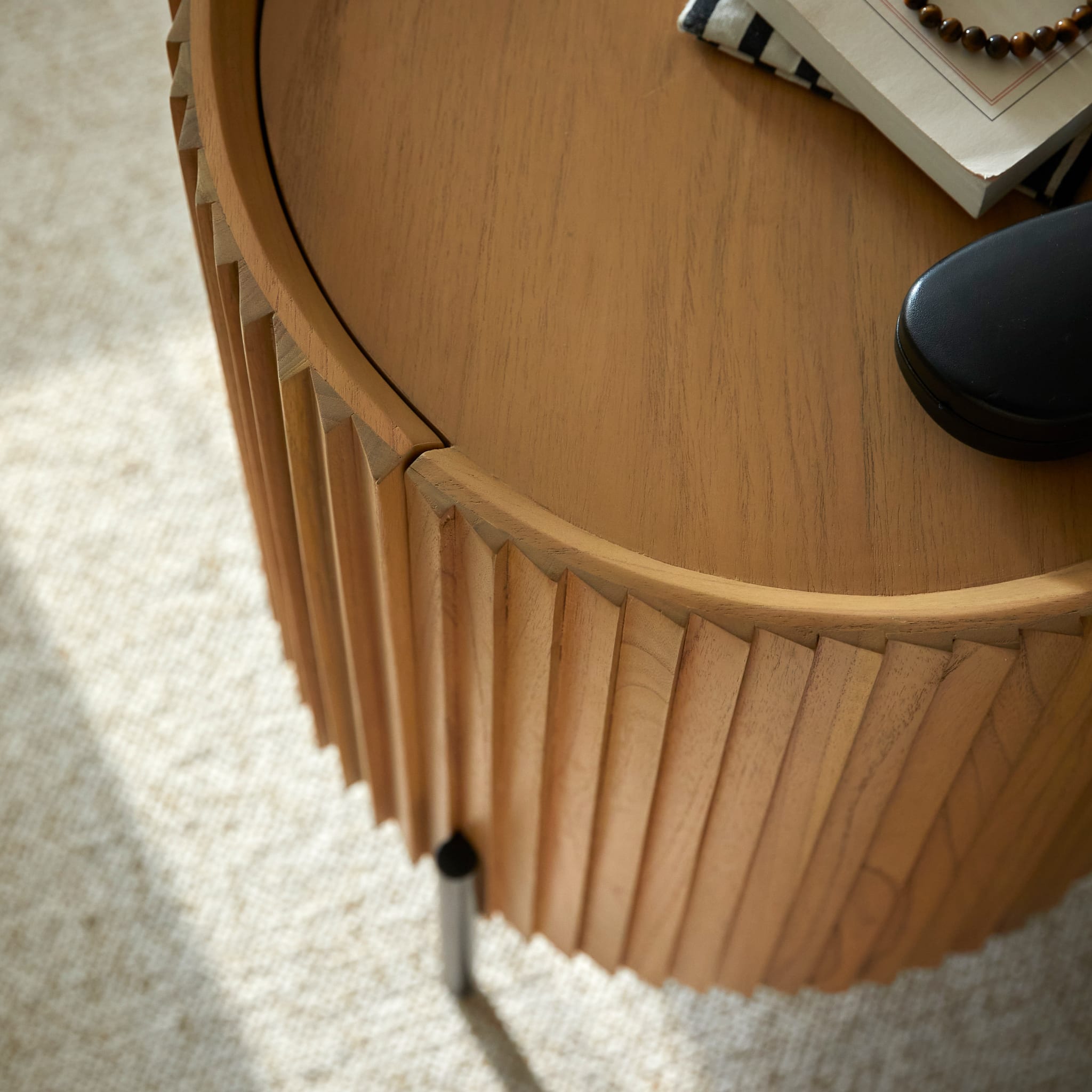 Tikamoon Lou Art Deco side table in mindi wood, angled view