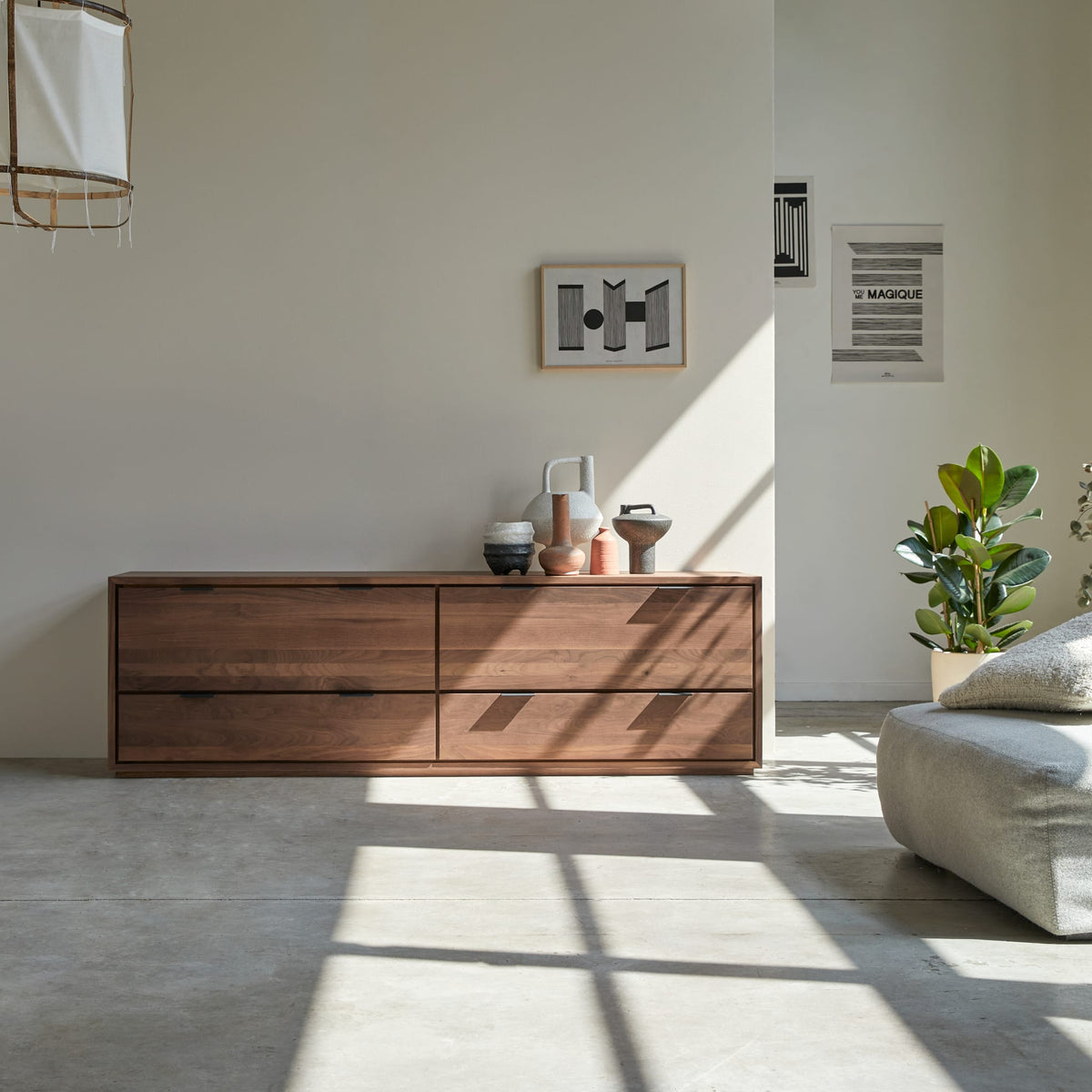 Tikamoon Senson TV stand in solid walnut, angled view