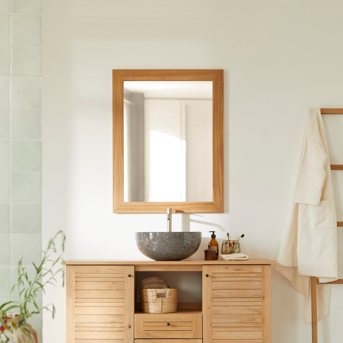 Tikamoon Tona teak mirror above a slatted teak vanity