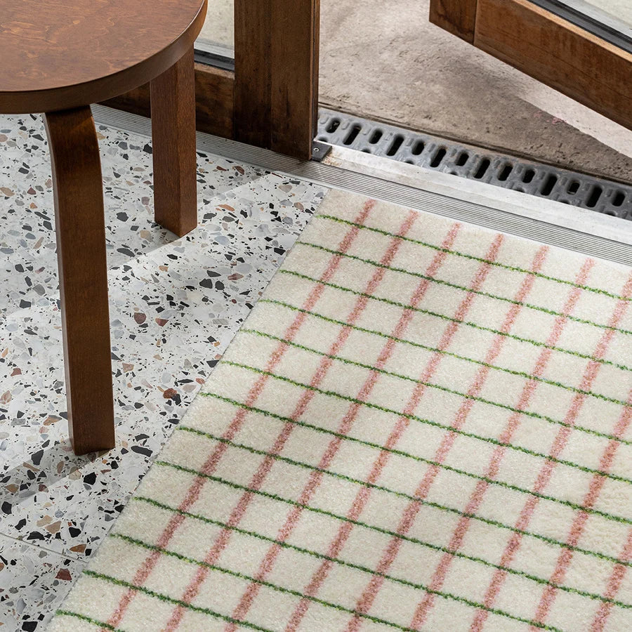 Heymat Grid Doormat in Lime Candycane, recycled PET yarn doormat, Norwegian sustainable design