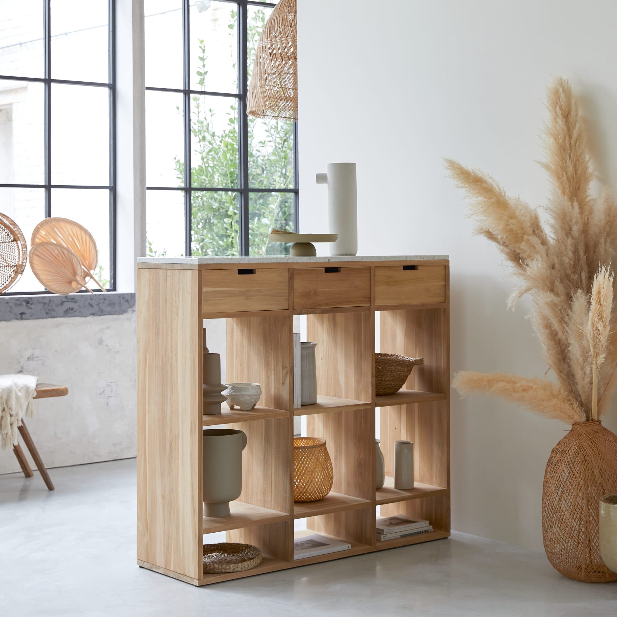 Tikamoon Miho console table in solid teak with a terrazzo top, angled view