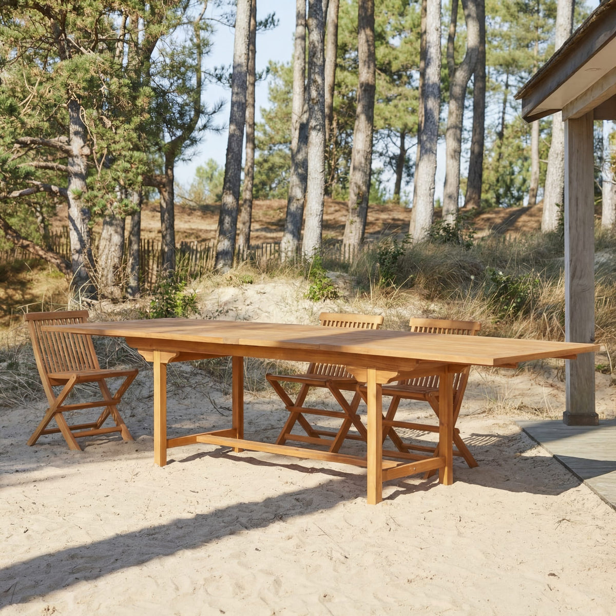 Tikamoon Capri rectangular extending garden table in solid acacia, angled view