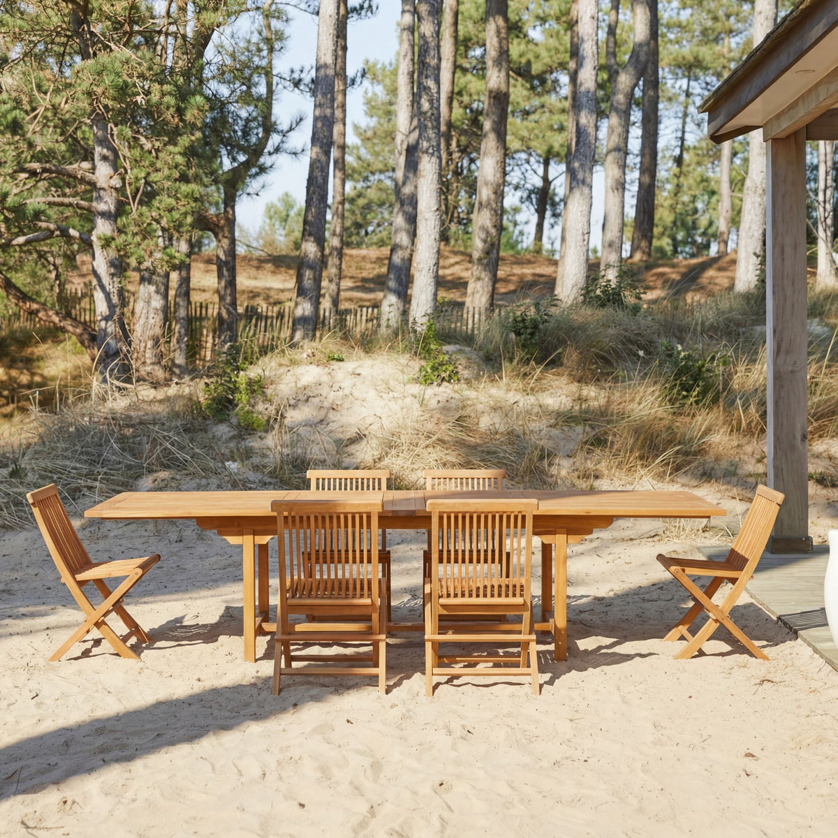 Tikamoon Capri rectangular dining set in solid acacia, table and six chairs, angled view