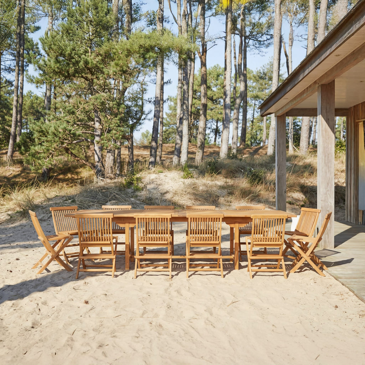 Tikamoon Capri rectangular garden dining set in solid acacia, angled view of the table and chairs