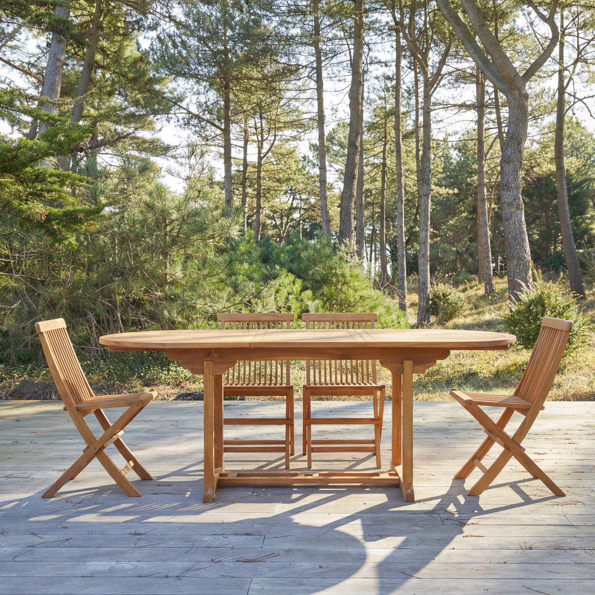 Tikamoon Capri oval extending garden table in solid acacia, three-quarter view