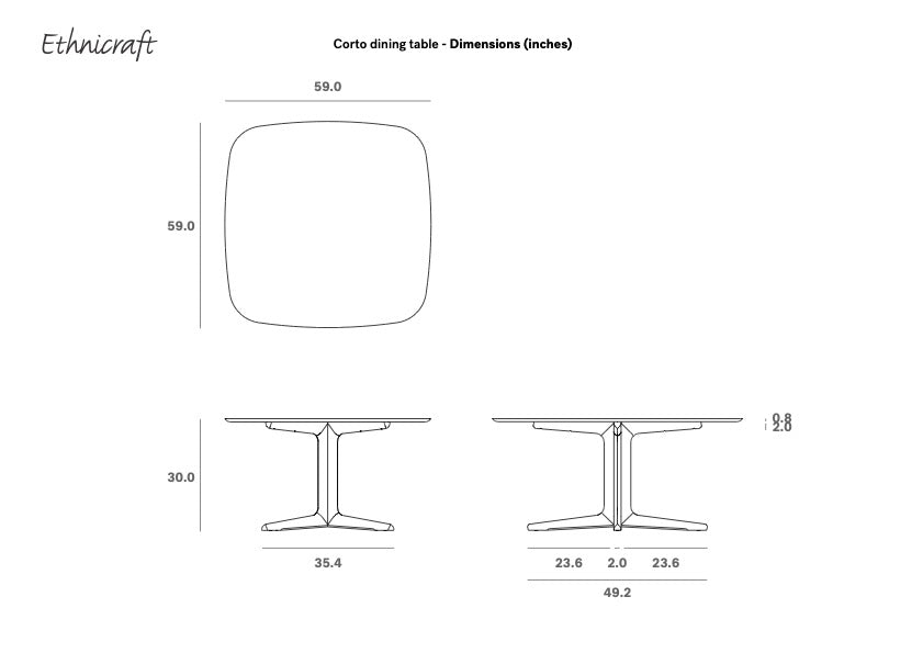 Dimension drawing of the Ethnicraft Corto Dining Table, measurements in inches